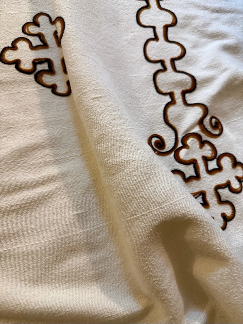 traditional white Ethiopian handwoven cotton blanket brown embroidered crosses